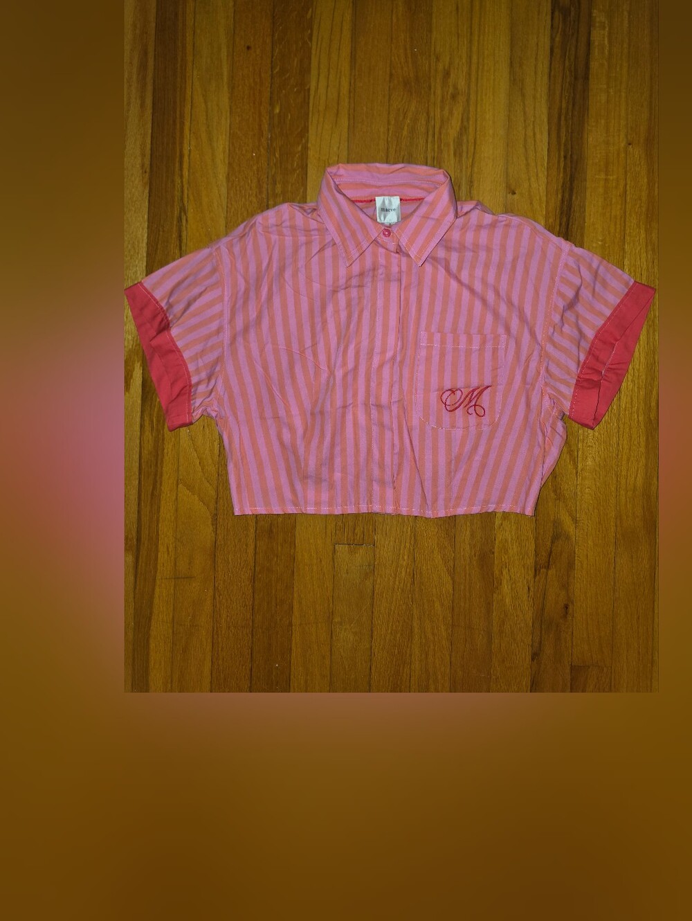 Maeve Pink Striped Button-Down Crop Shirt with Coral Cuffs